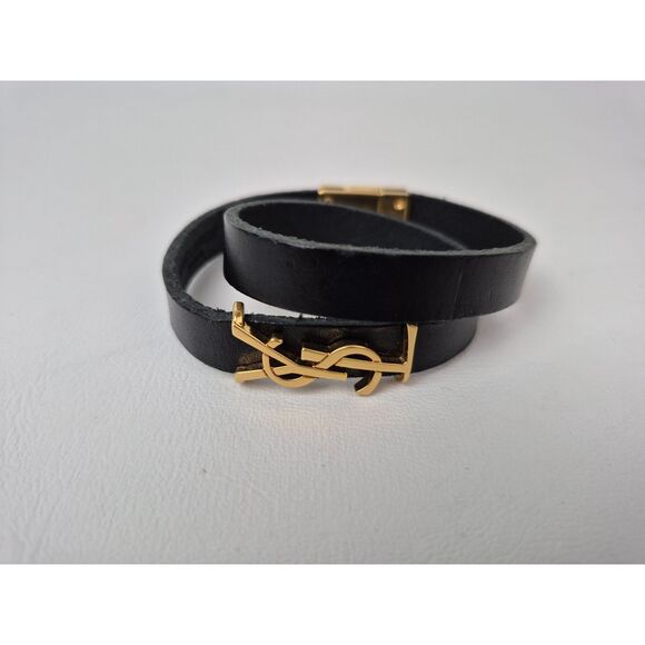 Saint Laurent Women's Black Gold Cassandre Opyum Double Wrap Leather Bracelet - Picture 2 of 5